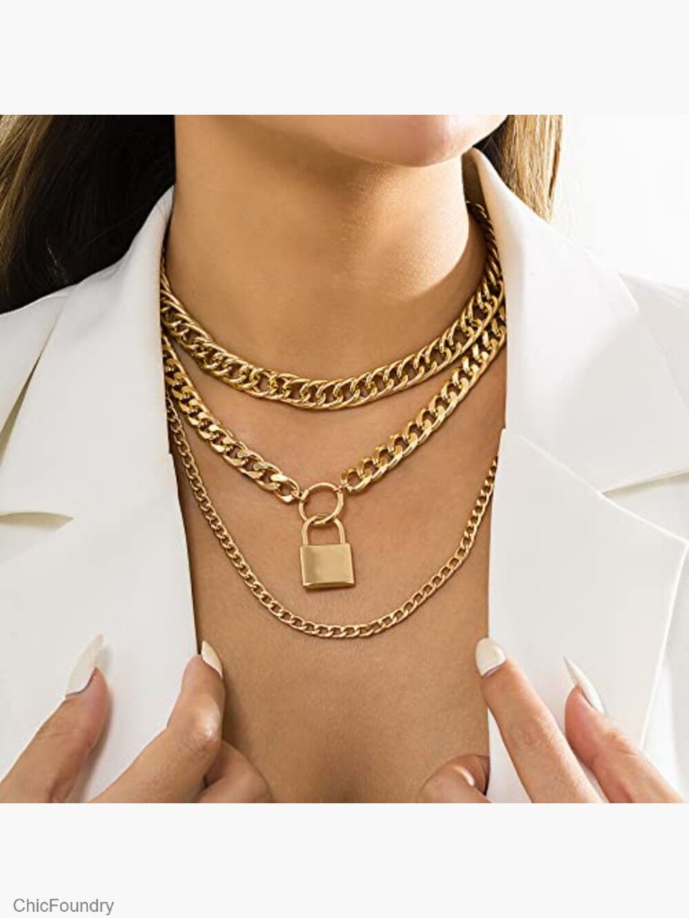 Layered Cuban Chain Choker Necklace Set with Lock Pendant - Picture 3 of 7